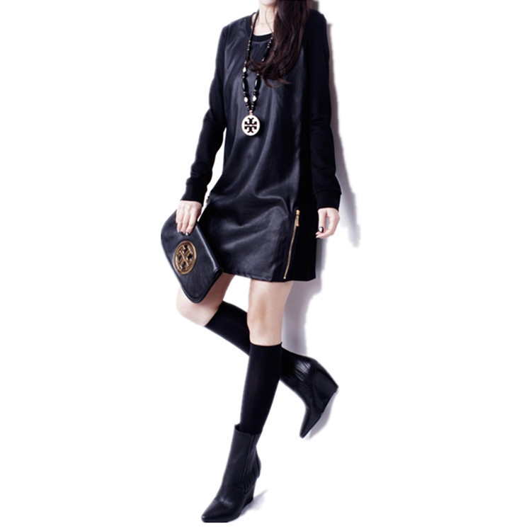New pu leather round-neck dress for women's autumn and winter, with fleece, slimming, mid-length long-sleeved base dress Specification image