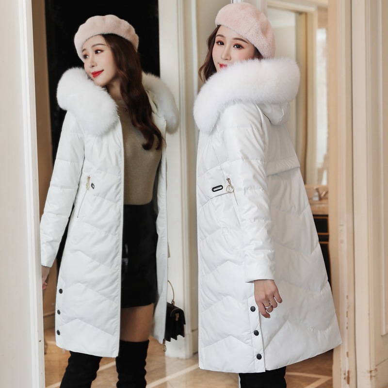 Korean winter new mid-length down cotton-padded jacket, PU leather, true fox fur collar, thickened leather coat details Picture