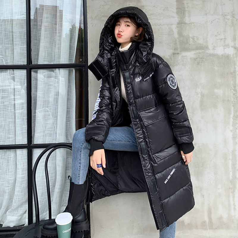 Hooded European and American cotton-padded jacket for women's winter, mid-length knee-length thickened bread coat, 2020 new Korean-style shiny cotton-padded jacket Specification image