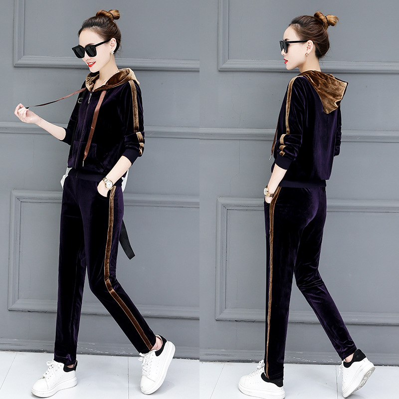 A new women's spring and autumn wide-leg sportswear and casual two-piece fashionable sweatshirt set with velvet Item Picture