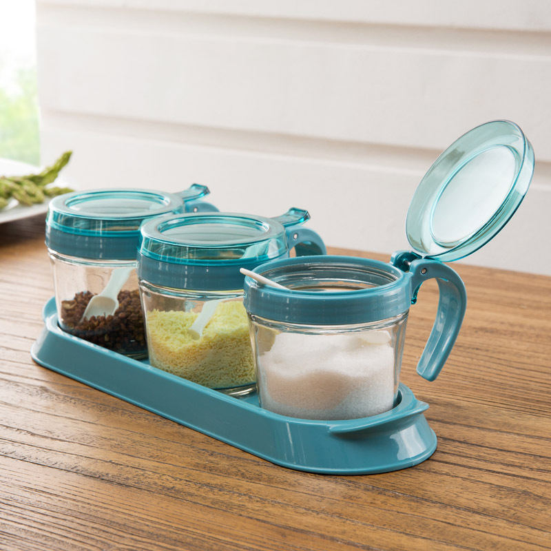Kelxi Three-Piece Glass Seasoning Jar Salt Shaker Seasoning Bottle Multi-Color Set With Tray