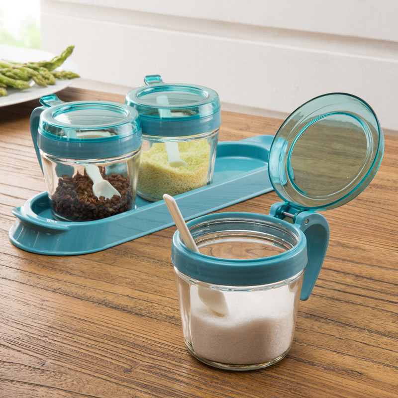 Kelxi Three-Piece Glass Seasoning Jar Salt Shaker Seasoning Bottle Multi-Color Set With Tray details Picture