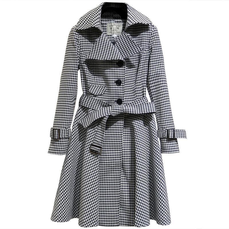 Hepburn style skirt hem trench coat, cinched waist, checkered women's mid-length coat, New Year's style Application Scenario