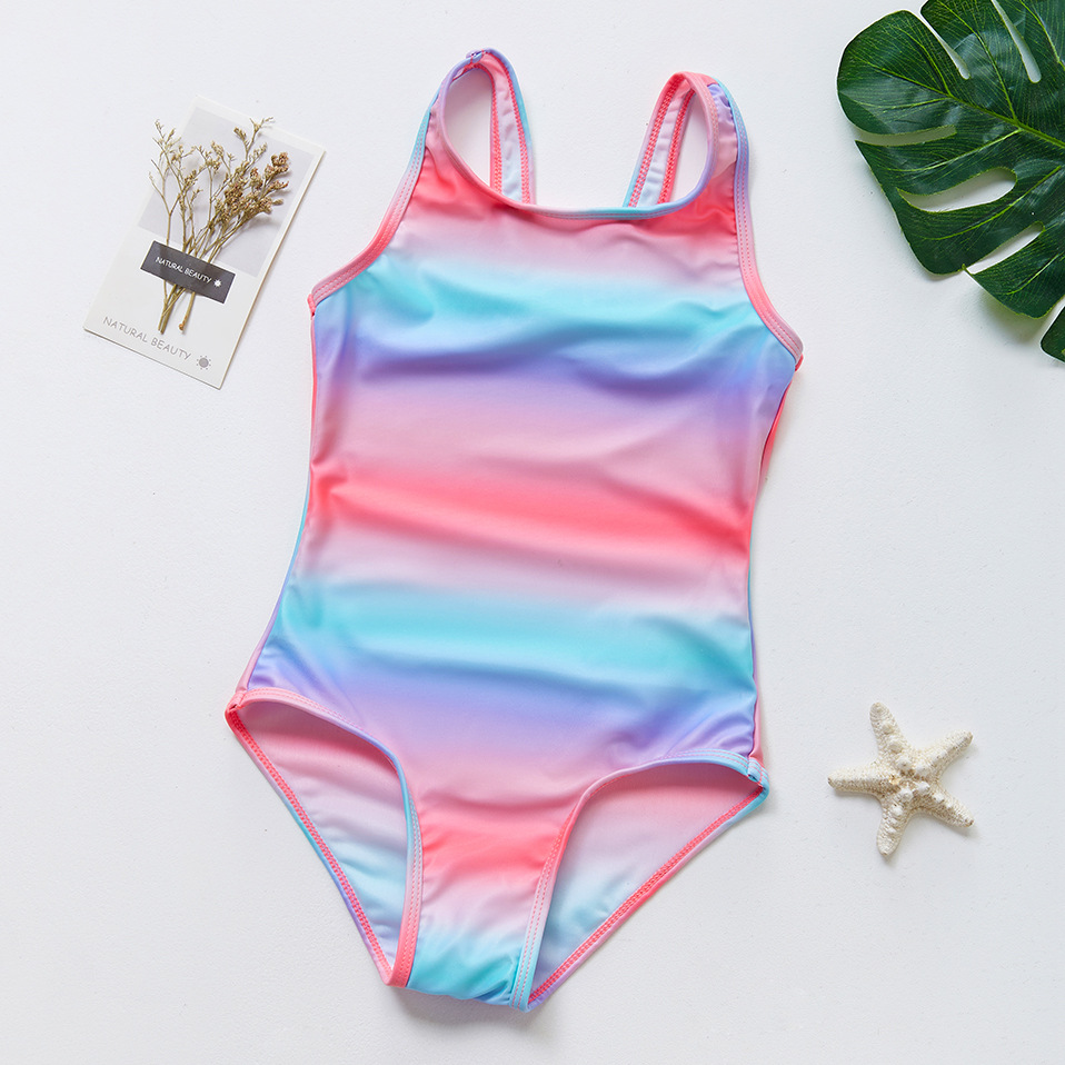 2019 New girls one-piece rainbow-striped medium kids sunscreen swimsuit 9003
