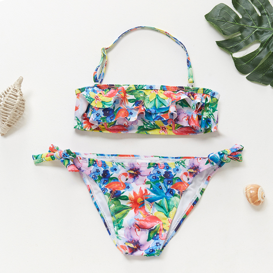New 2020 Girls' Bikini And Kids' Swimsuit Leaf Flamingos Draping large kids' swimsuit set is adjustable