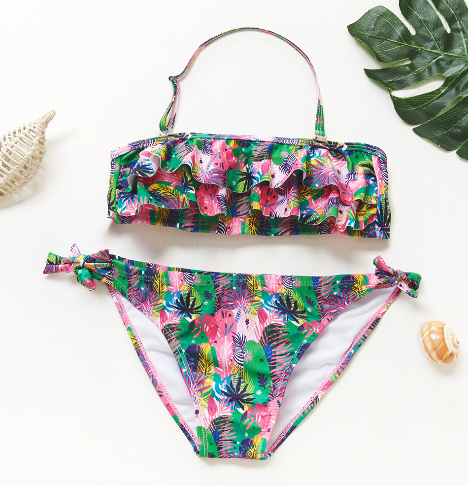 New 2020 green leaf girls split bikini suit size adjustable girls swimsuit