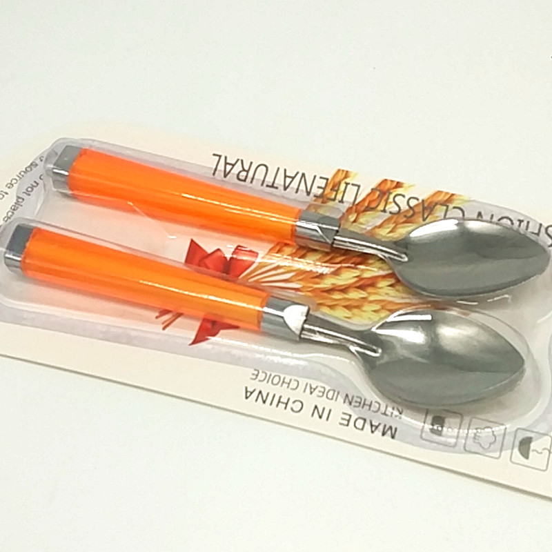 Sunshine Department Store 2142 square handle Double Spoon Colored Plastic Spoon Stainless Steel Children's Tableware Set details Picture