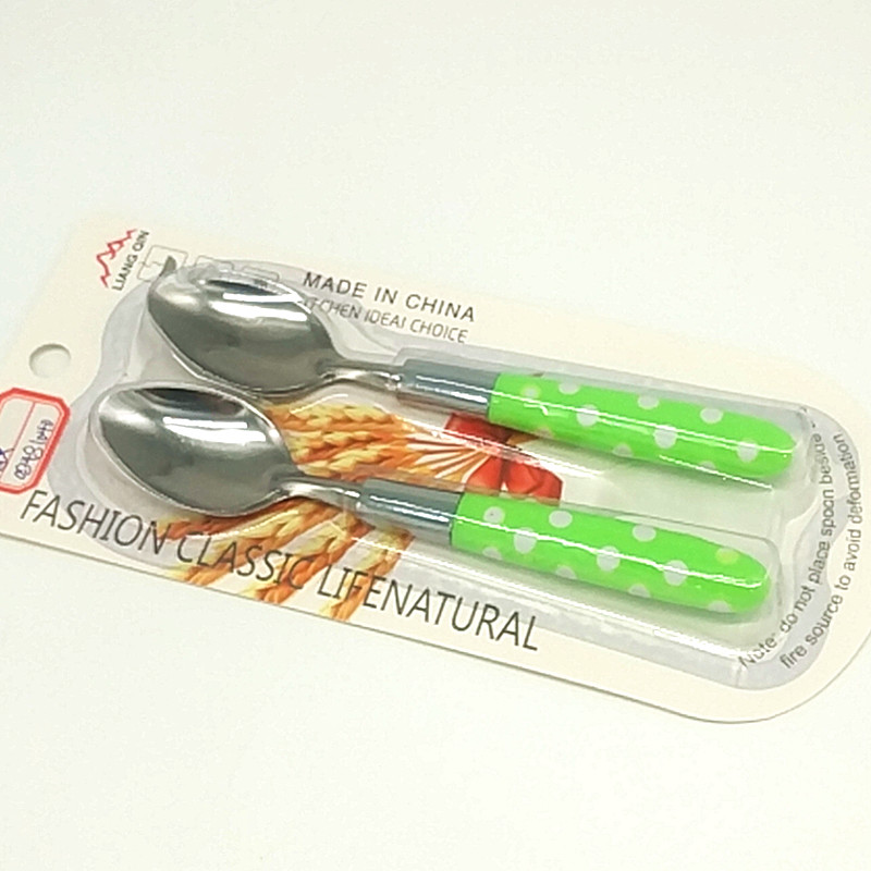 Sunshine Department Store 1124 Beaded Double-spoon Colored Printed Dot Plastic Handle Children's Spoon stainless steel Tableware details Picture