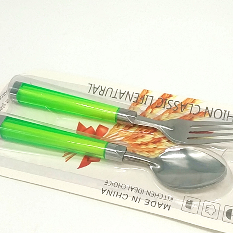 Sunshine Department Store 2042 Square Handle fork and Spoon Color Plastic Handle fork and Spoon Stainless Steel Children's Tableware Set Specification image