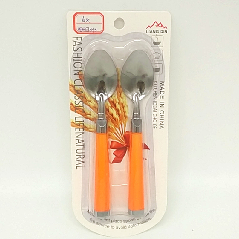 Sunshine Department Store 2142 square handle Double Spoon Colored Plastic Spoon Stainless Steel Children's Tableware Set