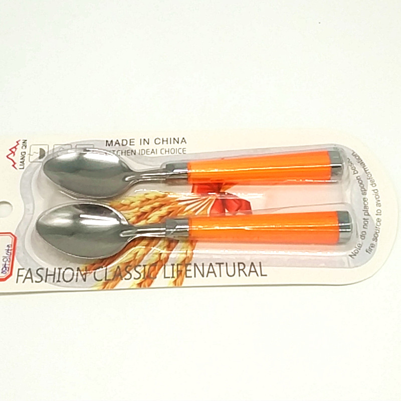 Sunshine Department Store 2142 square handle Double Spoon Colored Plastic Spoon Stainless Steel Children's Tableware Set Specification image