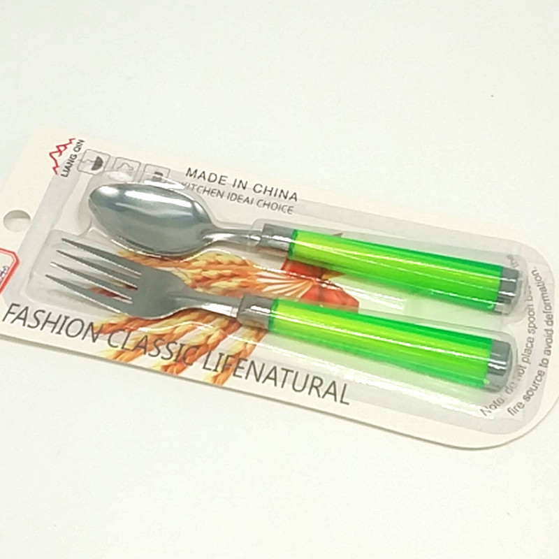 Sunshine Department Store 2042 Square Handle fork and Spoon Color Plastic Handle fork and Spoon Stainless Steel Children's Tableware Set details Picture