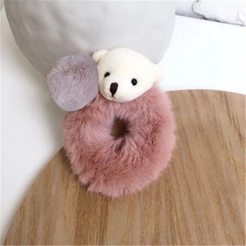 Cute little bear plush hair band with hair tie, adult hair tie rubber band, forest-style small leather case, Korean-style fashionable hair accessory Application Scenario