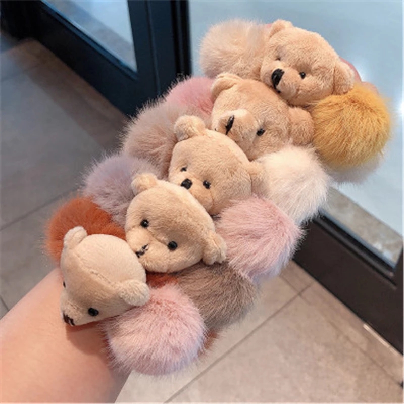 Cute little bear plush hair band with hair tie, adult hair tie rubber band, forest-style small leather case, Korean-style fashionable hair accessory Specification drawing