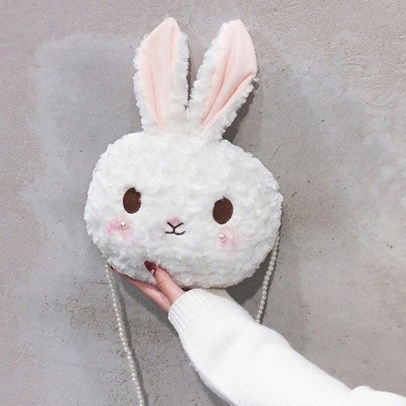 New plush toy cartoon bag, pearl chain, rabbit, bear, single-shoulder crossbody bag, cute doll bag, claw machine full figure