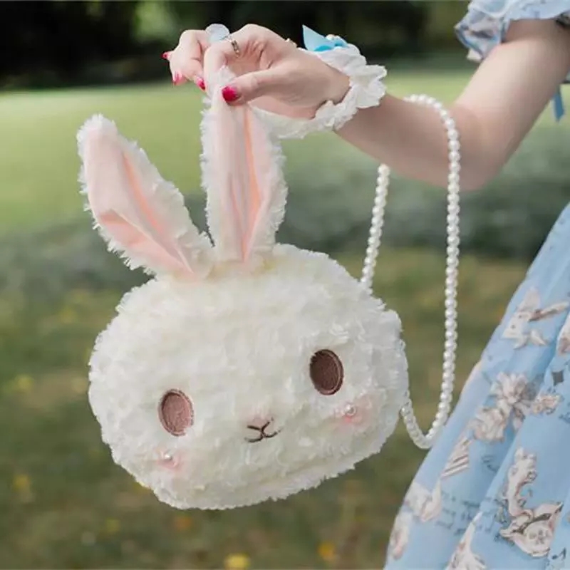 New plush toy cartoon bag, pearl chain, rabbit, bear, single-shoulder crossbody bag, cute doll bag, claw machine details Picture