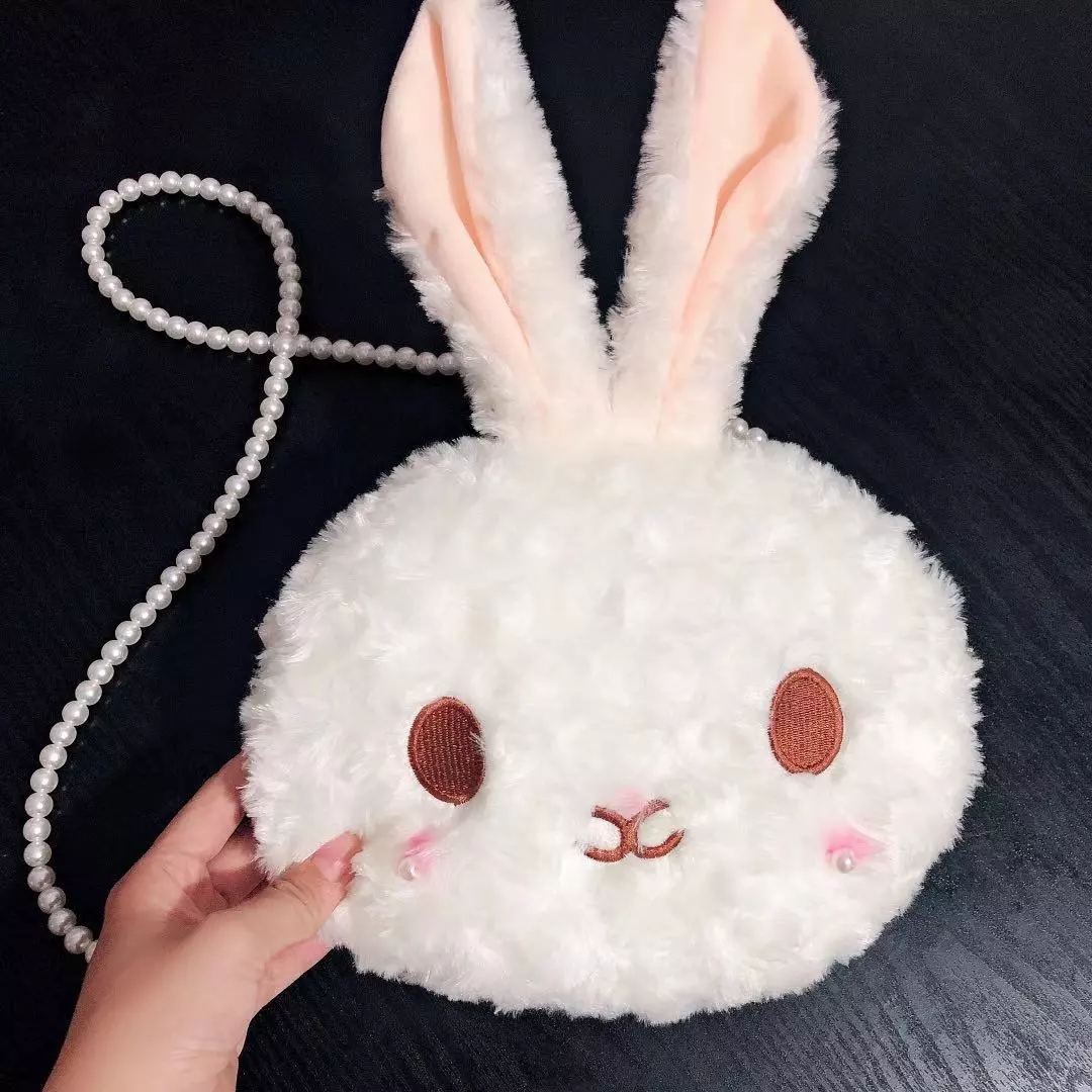New plush toy cartoon bag, pearl chain, rabbit, bear, single-shoulder crossbody bag, cute doll bag, claw machine Item Picture