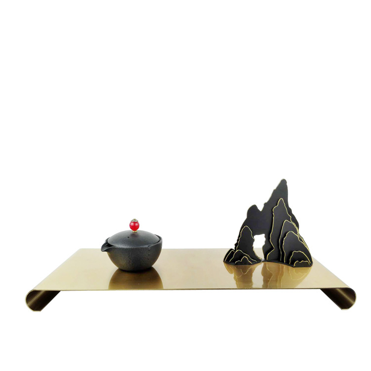 New Chinese-style Zen-themed decorative items, ironwork, metal rockery, tray, model room, hotel model room, mountain peak soft furnishings, hotel table display, square stainless steel snack table, hotel supplies table display Item Picture
