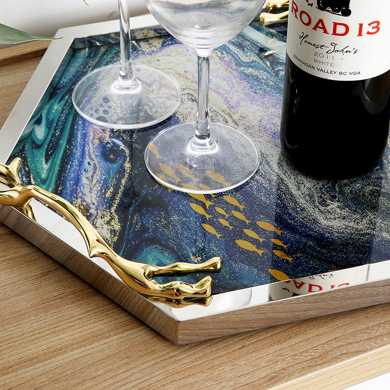 Nordic light luxury style creative glass fruit plate, home tea tray, storage tray, living room decoration plate, display plate with copper handle Specification image