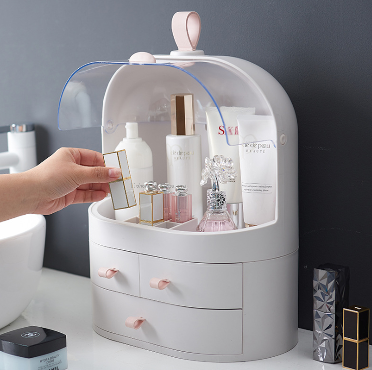 Caja de almacenamiento de productos de maquillaje estantería de escritorio a prueba de polvo tocador doméstico organizador caja de almacenamiento Specification image