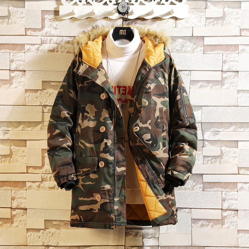 Aliexpress wish Amazon Men's Winter new mid-length camouflage cotton-padded jacket with hat, trendy and casual men's cotton-padded jacket