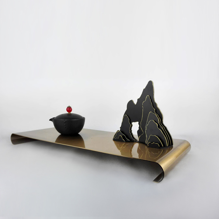 New Chinese-style Zen-themed decorative items, ironwork, metal rockery, tray, model room, hotel model room, mountain peak soft furnishings, hotel table display, square stainless steel snack table, hotel supplies table display