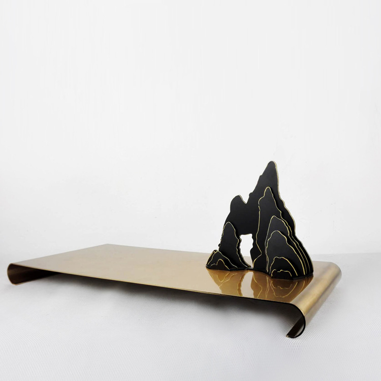 New Chinese-style Zen-themed decorative items, ironwork, metal rockery, tray, model room, hotel model room, mountain peak soft furnishings, hotel table display, square stainless steel snack table, hotel supplies table display details Picture