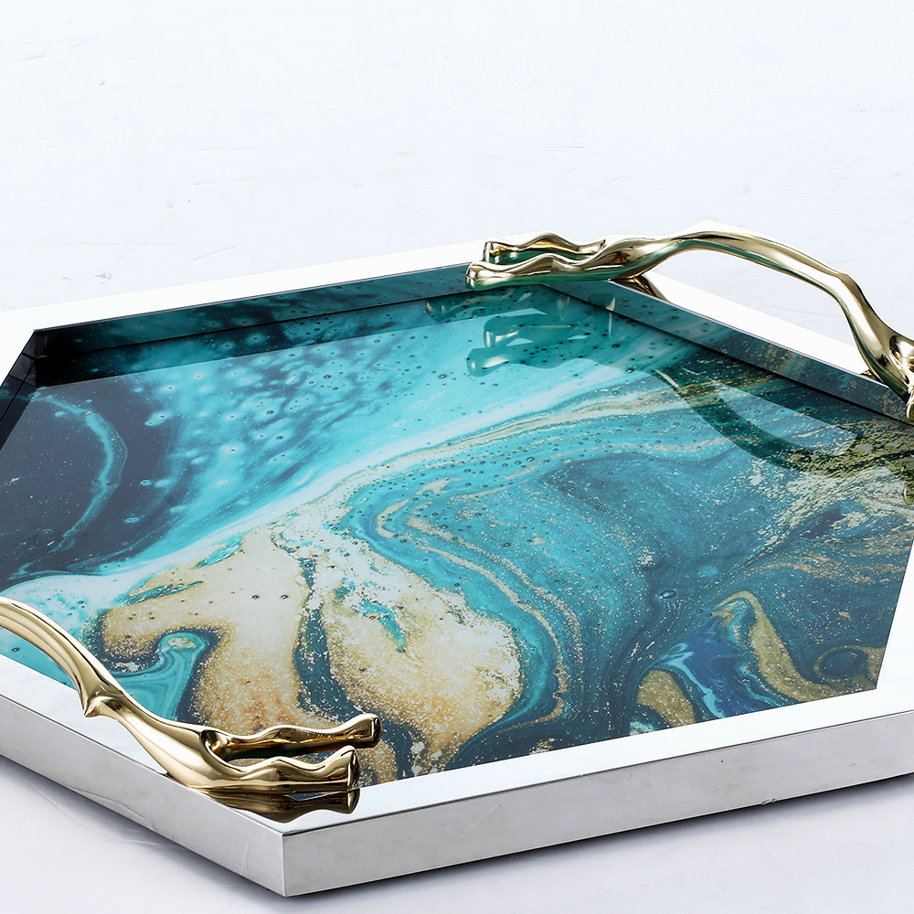 Nordic light luxury style creative glass fruit plate, home tea tray, storage tray, living room decoration plate, display plate with copper handle details Picture