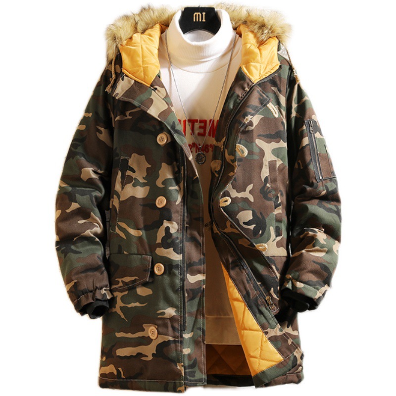 Aliexpress wish Amazon Men's Winter new mid-length camouflage cotton-padded jacket with hat, trendy and casual men's cotton-padded jacket Item Picture