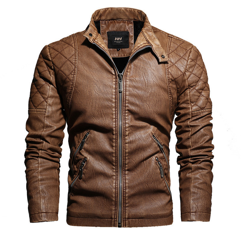Aliexpress Amazon Autumn and winter men's stand-up collar, fleece and thickened, fleece and thickened pu leather jacket, large-sized leather jacket for men