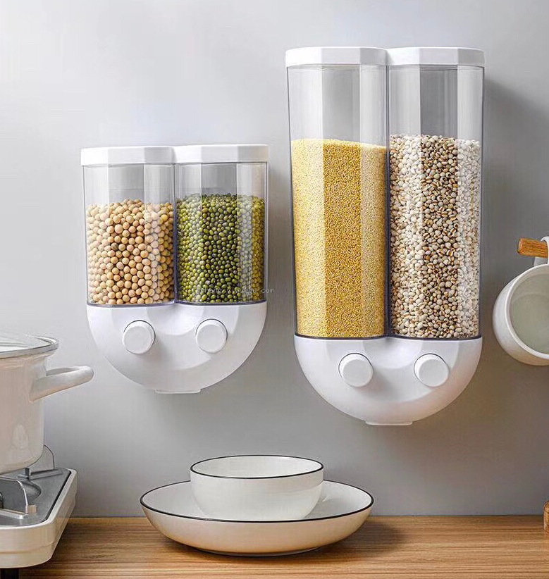 Grain multigrain almacenamiento latas de plástico compartimento latas de almacenamiento cocina hogar frijoles frijoles wall mounted press caja de almacenamiento Specification image