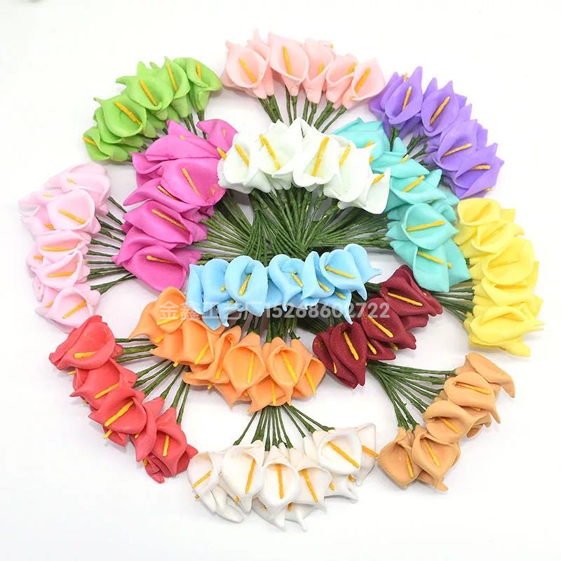 PE泡沫马蹄莲带叶仿真小花束百合喜糖盒礼品袋配件花环头饰材料