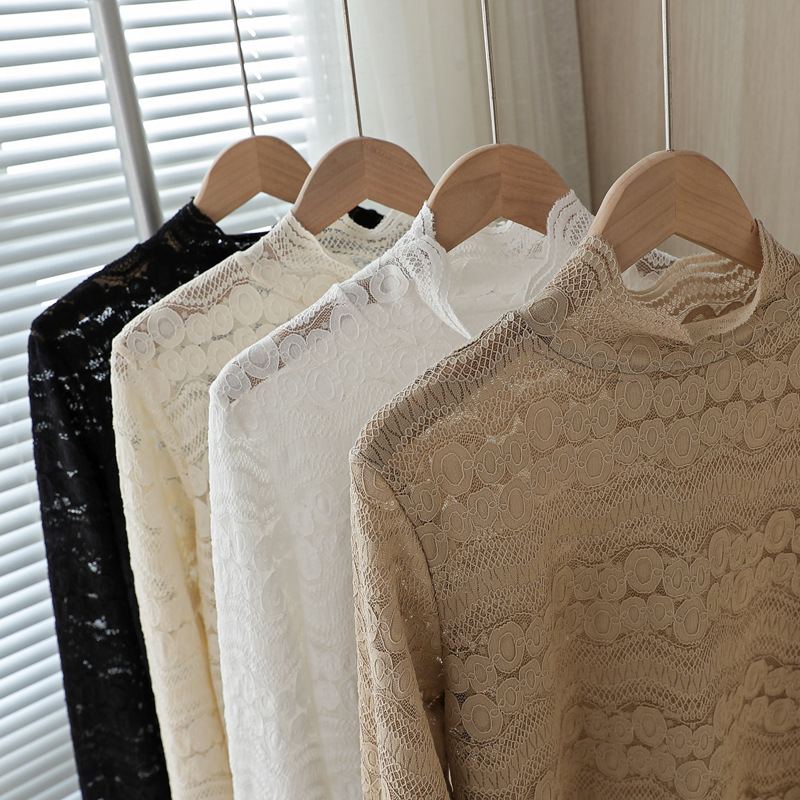 2020 New style lace openwork mesh versatile high-neck base layer top for women's autumn and winter tight long-sleeved inner layer details Picture