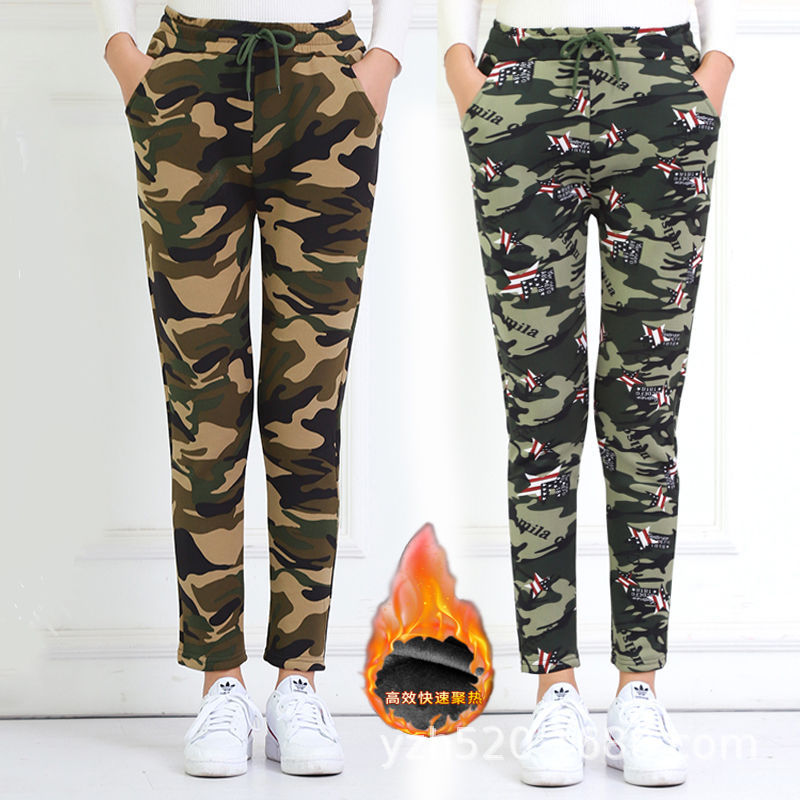 Spring and autumn stretch camouflage pants, women's high-waisted thin outdoor sports casual long pants, military pants, thickened large-sized work pants details Picture