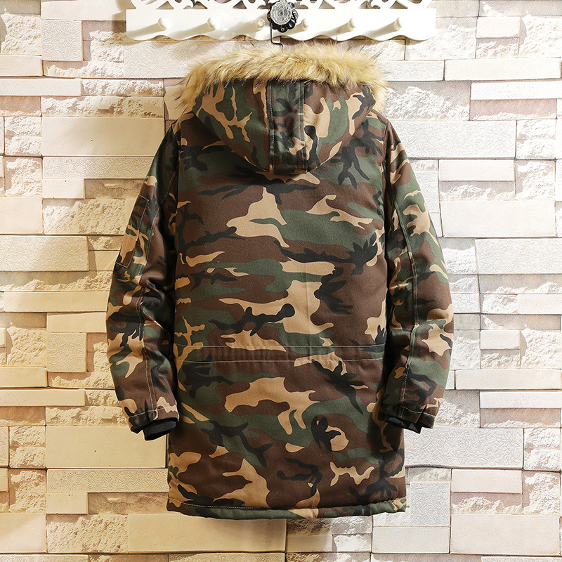 Aliexpress wish Amazon Men's Winter new mid-length camouflage cotton-padded jacket with hat, trendy and casual men's cotton-padded jacket details Picture