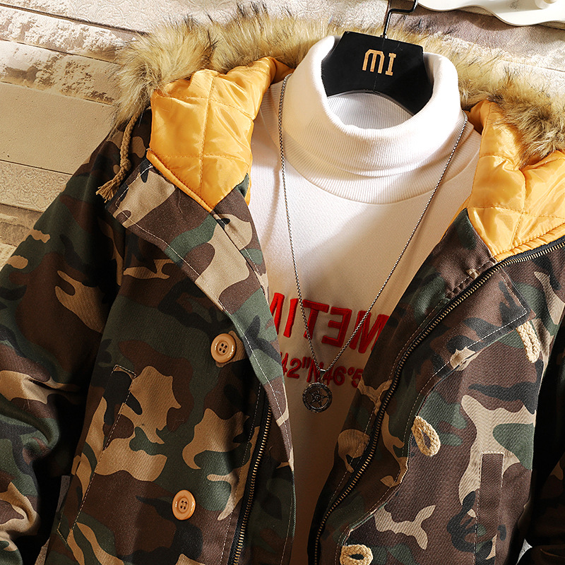 Aliexpress wish Amazon Men's Winter new mid-length camouflage cotton-padded jacket with hat, trendy and casual men's cotton-padded jacket Specification image