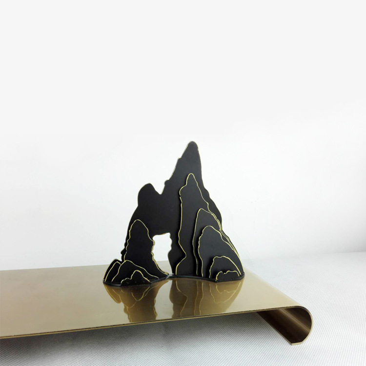 New Chinese-style Zen-themed decorative items, ironwork, metal rockery, tray, model room, hotel model room, mountain peak soft furnishings, hotel table display, square stainless steel snack table, hotel supplies table display Application Scenario