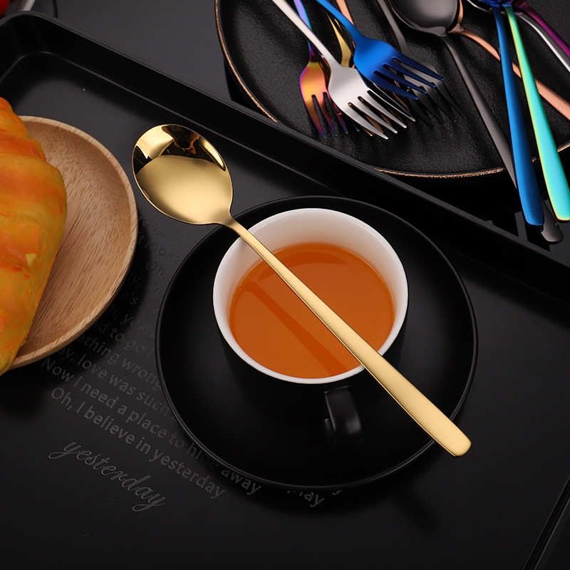304 stainless steel spoons and forks, gold-plated Korean-style forks and spoons, long handle, creative coffee spoon, customizable logo, multiple colors, creative tableware decoration, spoons, stainless steel coffee spoon. Specification image