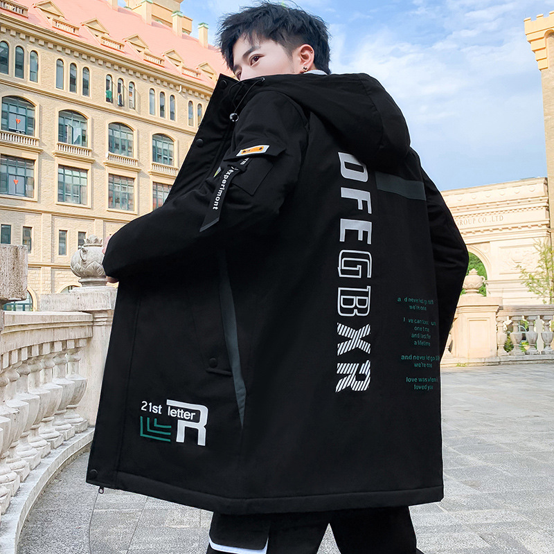 2020 new winter men's cotton-padded jacket with fleece and thickening, mid-length coat, Korean-style cool and trendy cotton-padded jacket Specification image