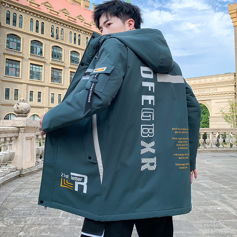 2020 new winter men's cotton-padded jacket with fleece and thickening, mid-length coat, Korean-style cool and trendy cotton-padded jacket details Picture