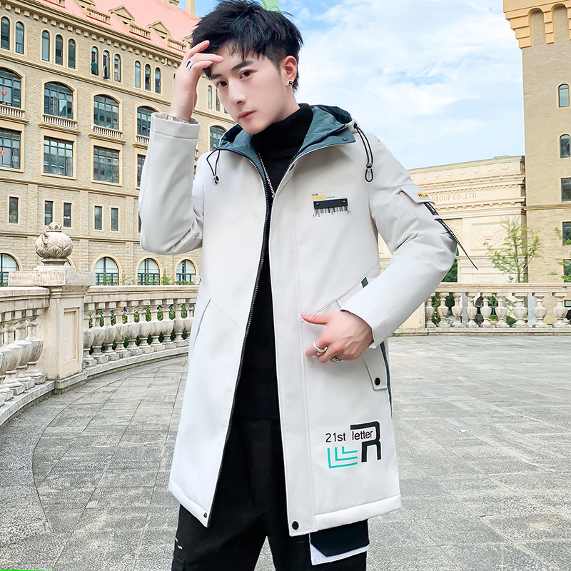 2020 new winter men's cotton-padded jacket with fleece and thickening, mid-length coat, Korean-style cool and trendy cotton-padded jacket Item Picture
