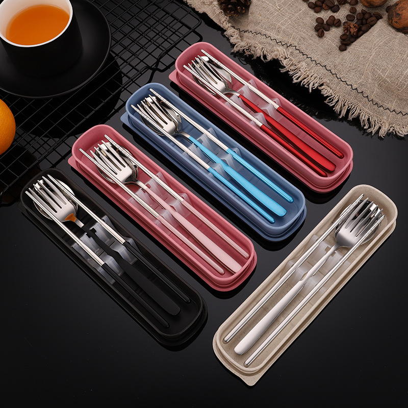 304 stainless steel gold-plated portable tableware with forks, spoons and chopsticks, Korean creative portable tableware