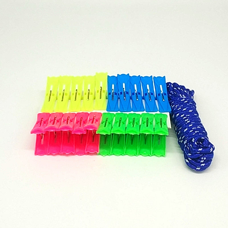 Sunshine Department Store Multi-functional nylon clothes drying rope, anti-slip colored clothes drying rope, quilt drying rope clip set Item Picture