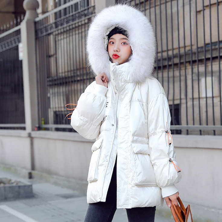 Out-of-season new Korean style patent leather glossy thickened loose 貉子 large fur collar drawstring personalized down jacket for women 's fashion Specification image