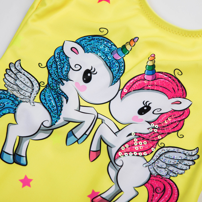 European and American cartoon rainbow polyester swimming suits, yellow swimming suits, one-piece Korean children's swimming suits for export Specification image