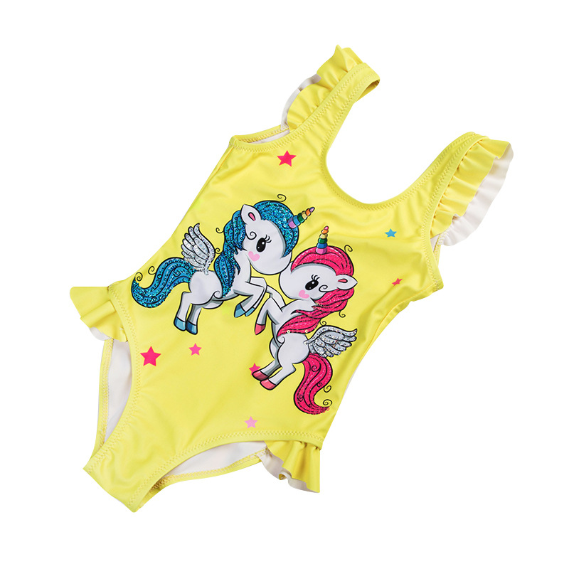 European and American cartoon rainbow polyester swimming suits, yellow swimming suits, one-piece Korean children's swimming suits for export Item Picture