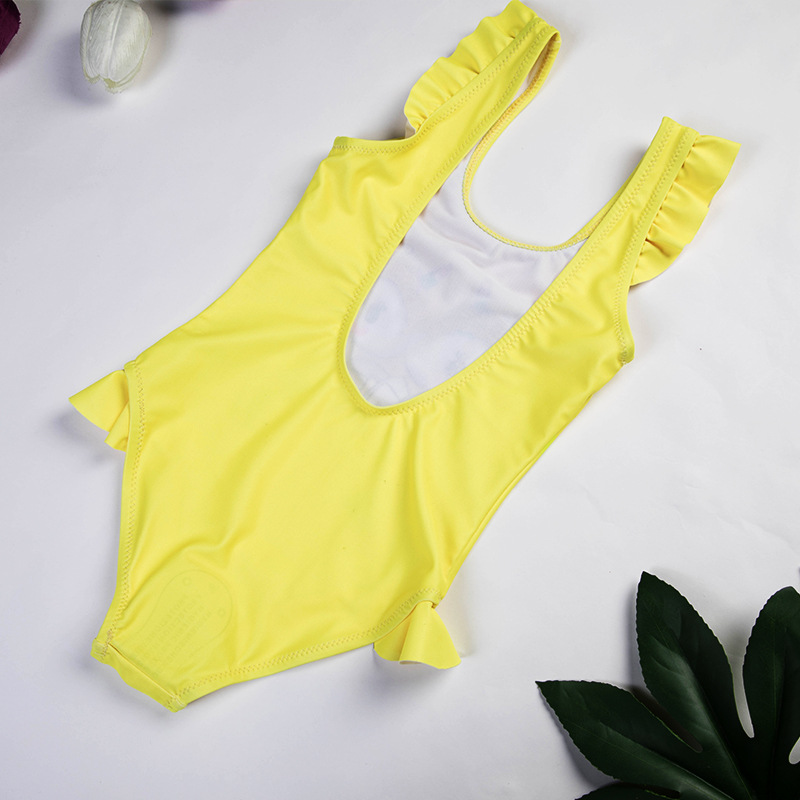 European and American cartoon rainbow polyester swimming suits, yellow swimming suits, one-piece Korean children's swimming suits for export details Picture