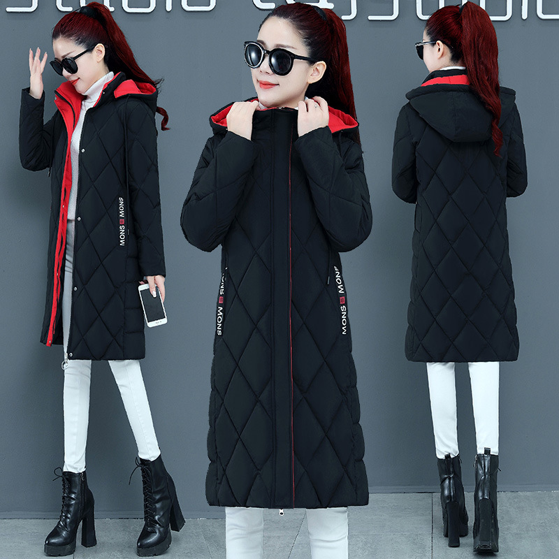 New color-blocking cotton-padded jacket for women, knee-length, thickened, slimming, diamond-shaped plus-size coat for winter