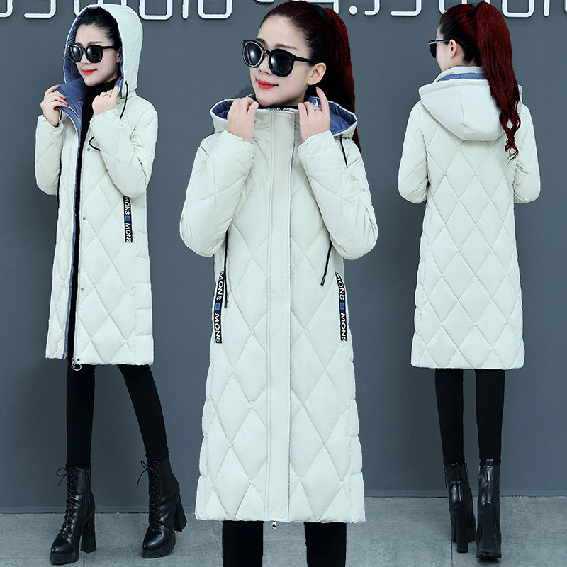 New color-blocking cotton-padded jacket for women, knee-length, thickened, slimming, diamond-shaped plus-size coat for winter Specification image