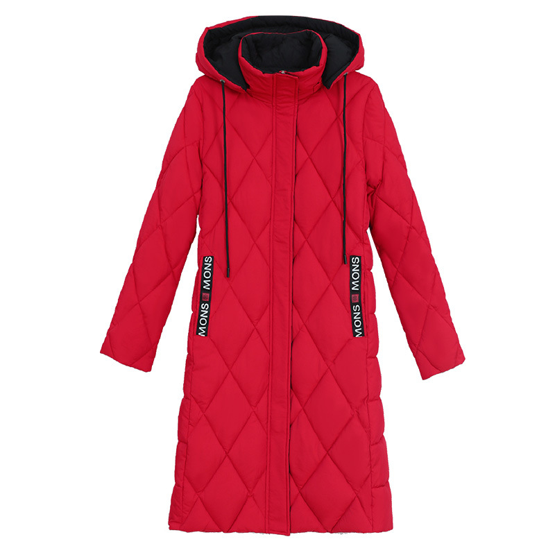 New color-blocking cotton-padded jacket for women, knee-length, thickened, slimming, diamond-shaped plus-size coat for winter Item Picture